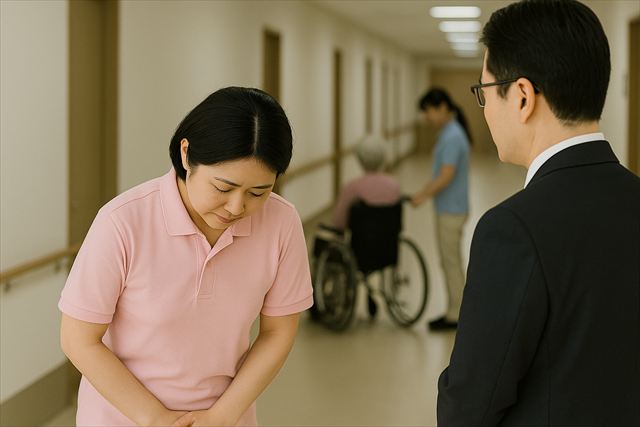 ご家族からクレームを受けて謝っている介護職
