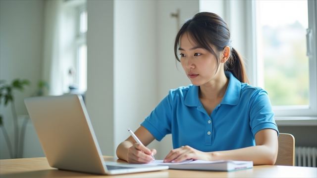 ノートパソコンで情報収集をする介護職員