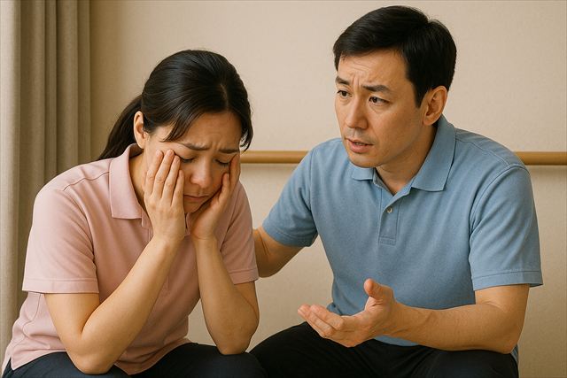 落ち込む介護職に話しかける介護リーダー